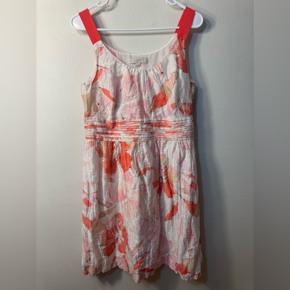 LOFT Pink and Orange Floral Watercolor Linen Blend Sleeveless Dress Size 10